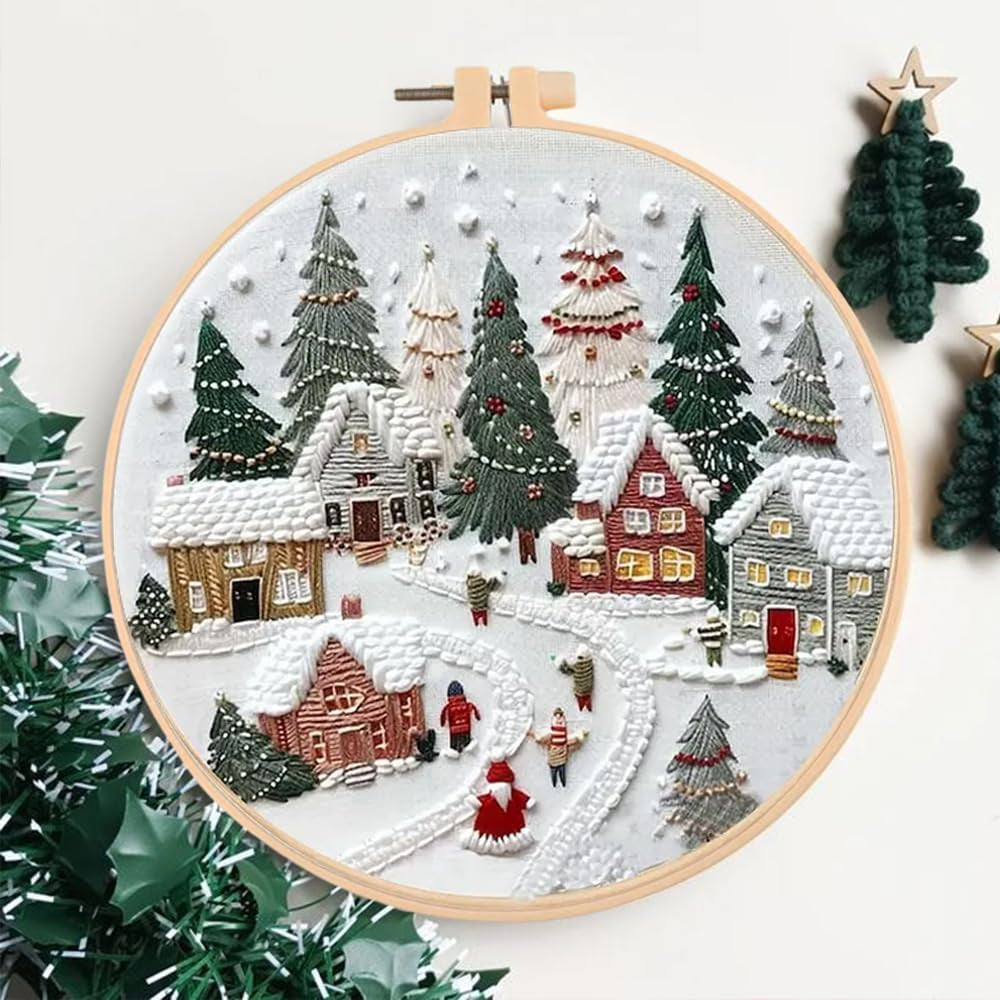 Embroidery Kits for Adults Beginner DIY Cross Stitch Stamped Christmas Tree Pattern Stitching Sewing Kit 1 Piece 7.8 X 7.8 Inch