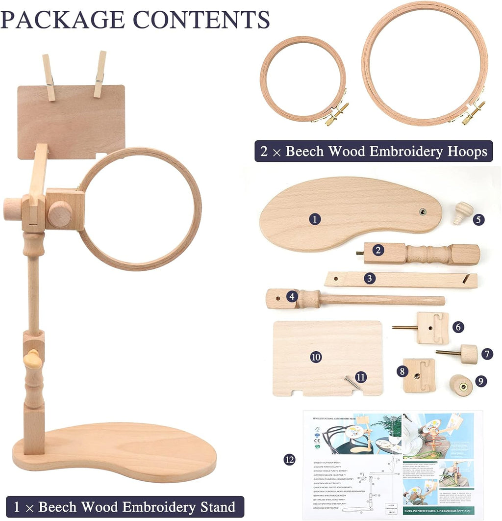 Beech Wood Adjustable Rotated Embroidery Hoop Stand with 2 Pcs Hoops 4'' 6'', Wooden Embroidery Stand Hands-Free Cross Stitch Hoop Holder for Sewing Needlework Embroidery Project (A)