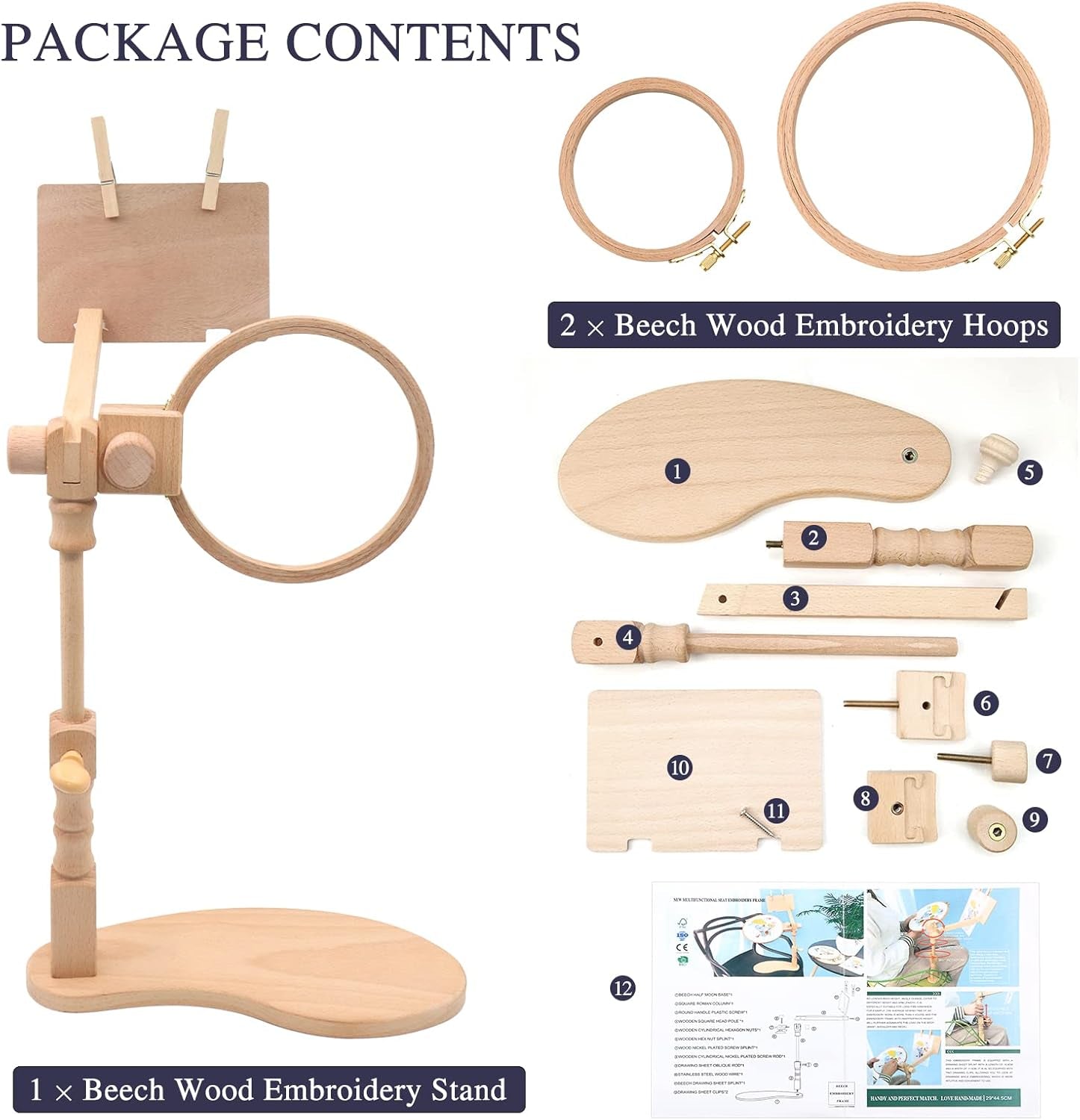 Beech Wood Adjustable Rotated Embroidery Hoop Stand with 2 Pcs Hoops 4'' 6'', Wooden Embroidery Stand Hands-Free Cross Stitch Hoop Holder for Sewing Needlework Embroidery Project (A)