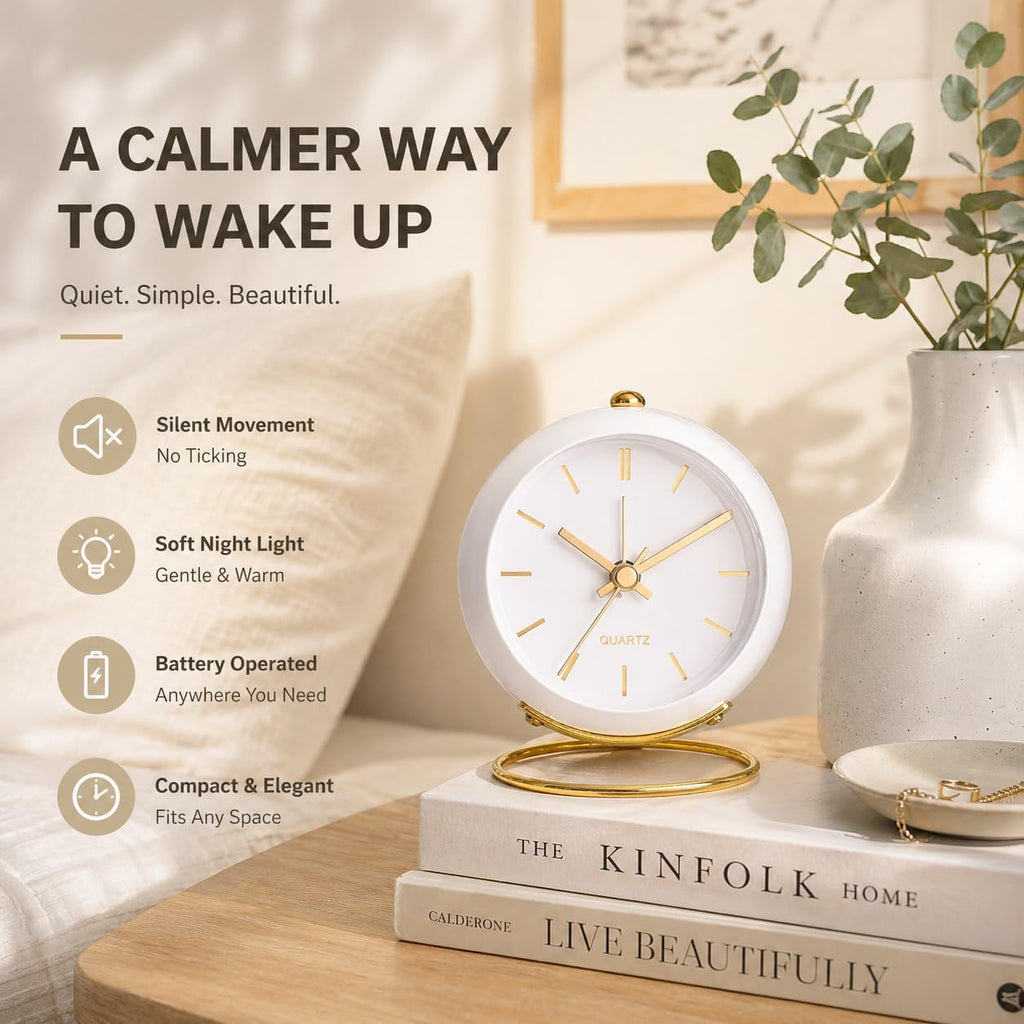 ® Battery Operated Desk Alarm Clocks with Light,Retro Silent No Ticking Analog Small Clock,Loud Table Clock for Bedside/Bedroom/Kitchen/Office/Travel/Kids/Room Decor Aesthetic Vintage(White)