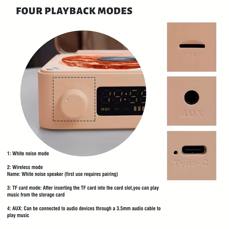 AVELUNE™ Retro Vinyl Bluetooth Speaker with Ambient Light &amp; White Noise; sunset pink