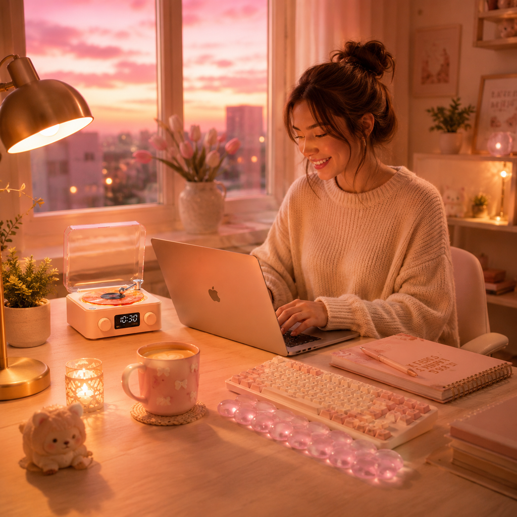 AVELUNE™ Retro Vinyl Bluetooth Speaker with Ambient Light &amp; White Noise; sunset pink