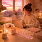 AVELUNE™ Retro Vinyl Bluetooth Speaker with Ambient Light &amp; White Noise; sunset pink