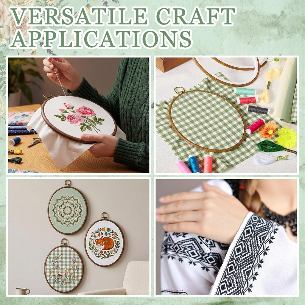6 Set Embroidery Kit with 9.3 X 6.8 Inch Oval Embroidery Hoop Frame and 11.8 Inch Pre-Cut Cloth Fabric Squares Imitated Wood Cross Stitch Hoop for Craft Sewing Hanging Ornament
