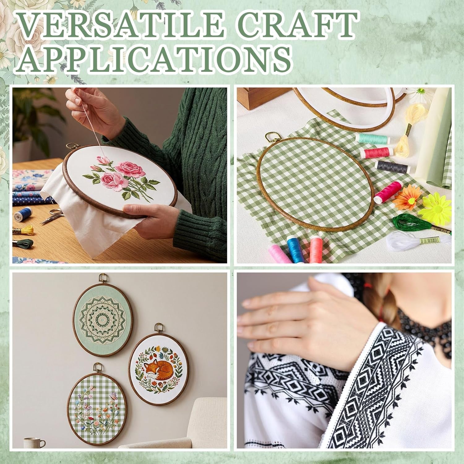 6 Set Embroidery Kit with 9.3 X 6.8 Inch Oval Embroidery Hoop Frame and 11.8 Inch Pre-Cut Cloth Fabric Squares Imitated Wood Cross Stitch Hoop for Craft Sewing Hanging Ornament
