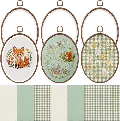 6 Set Embroidery Kit with 9.3 X 6.8 Inch Oval Embroidery Hoop Frame and 11.8 Inch Pre-Cut Cloth Fabric Squares Imitated Wood Cross Stitch Hoop for Craft Sewing Hanging Ornament