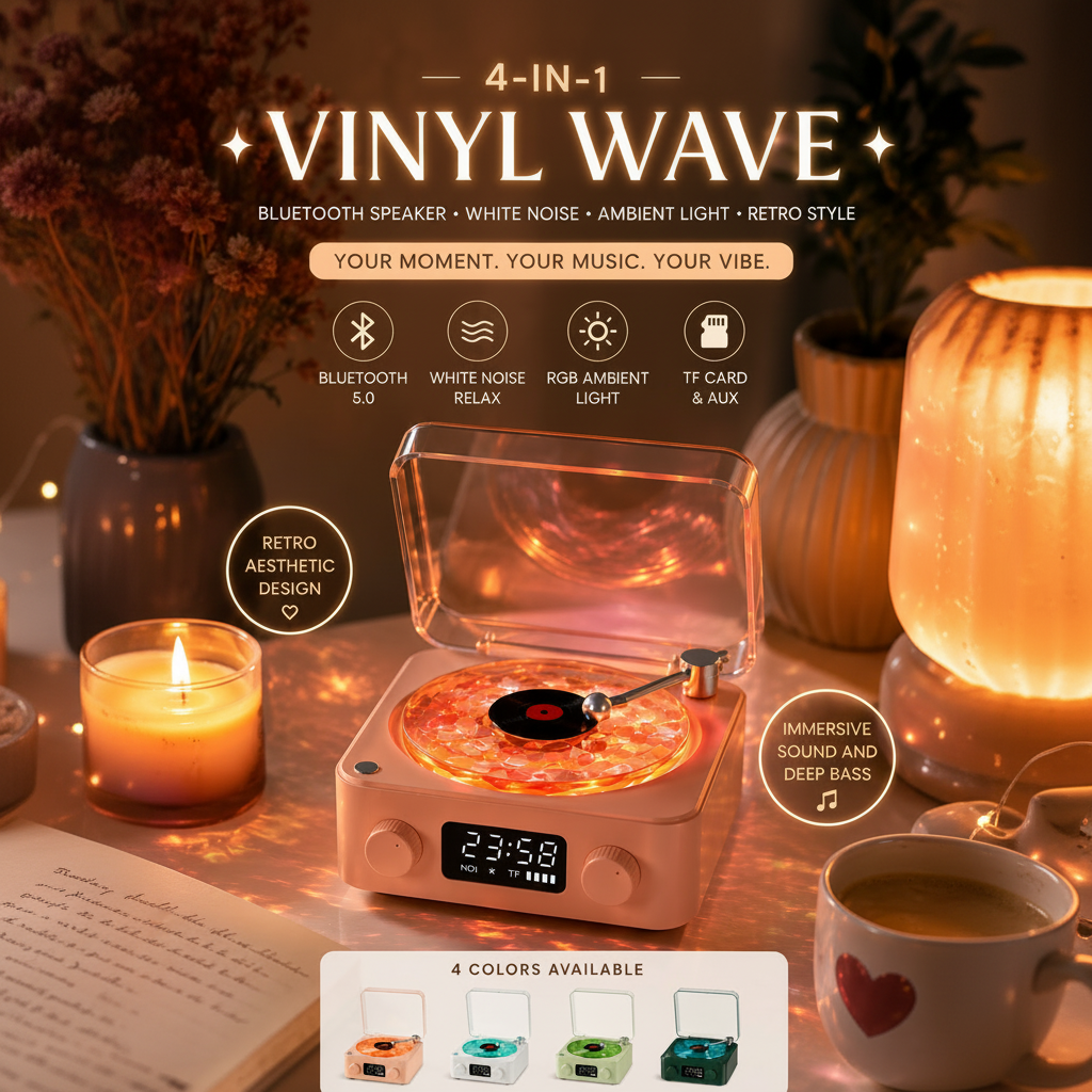 AVELUNE™ Retro Vinyl Bluetooth Speaker with Ambient Light &amp; White Noise; sunset pink