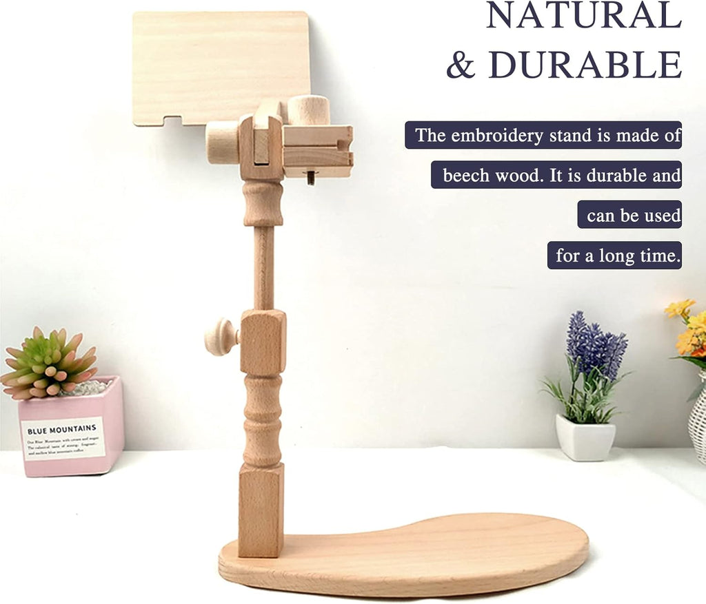 Beech Wood Adjustable Rotated Embroidery Hoop Stand with 2 Pcs Hoops 4'' 6'', Wooden Embroidery Stand Hands-Free Cross Stitch Hoop Holder for Sewing Needlework Embroidery Project (A)