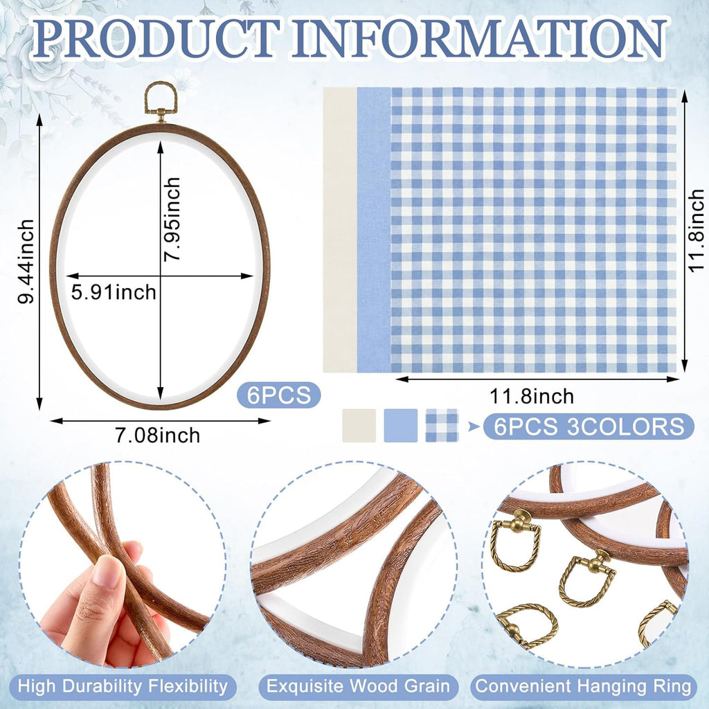 6 Set Embroidery Kit with 9.3 X 6.8 Inch Oval Embroidery Hoop Frame and 11.8 Inch Pre-Cut Cloth Fabric Squares Imitated Wood Cross Stitch Hoop for Craft Sewing Hanging Ornament