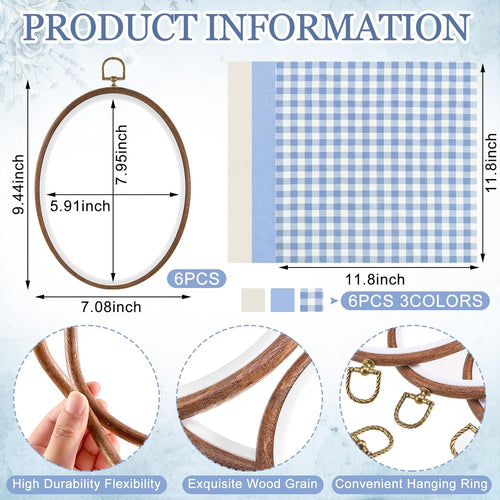 6 Set Embroidery Kit with 9.3 X 6.8 Inch Oval Embroidery Hoop Frame and 11.8 Inch Pre-Cut Cloth Fabric Squares Imitated Wood Cross Stitch Hoop for Craft Sewing Hanging Ornament