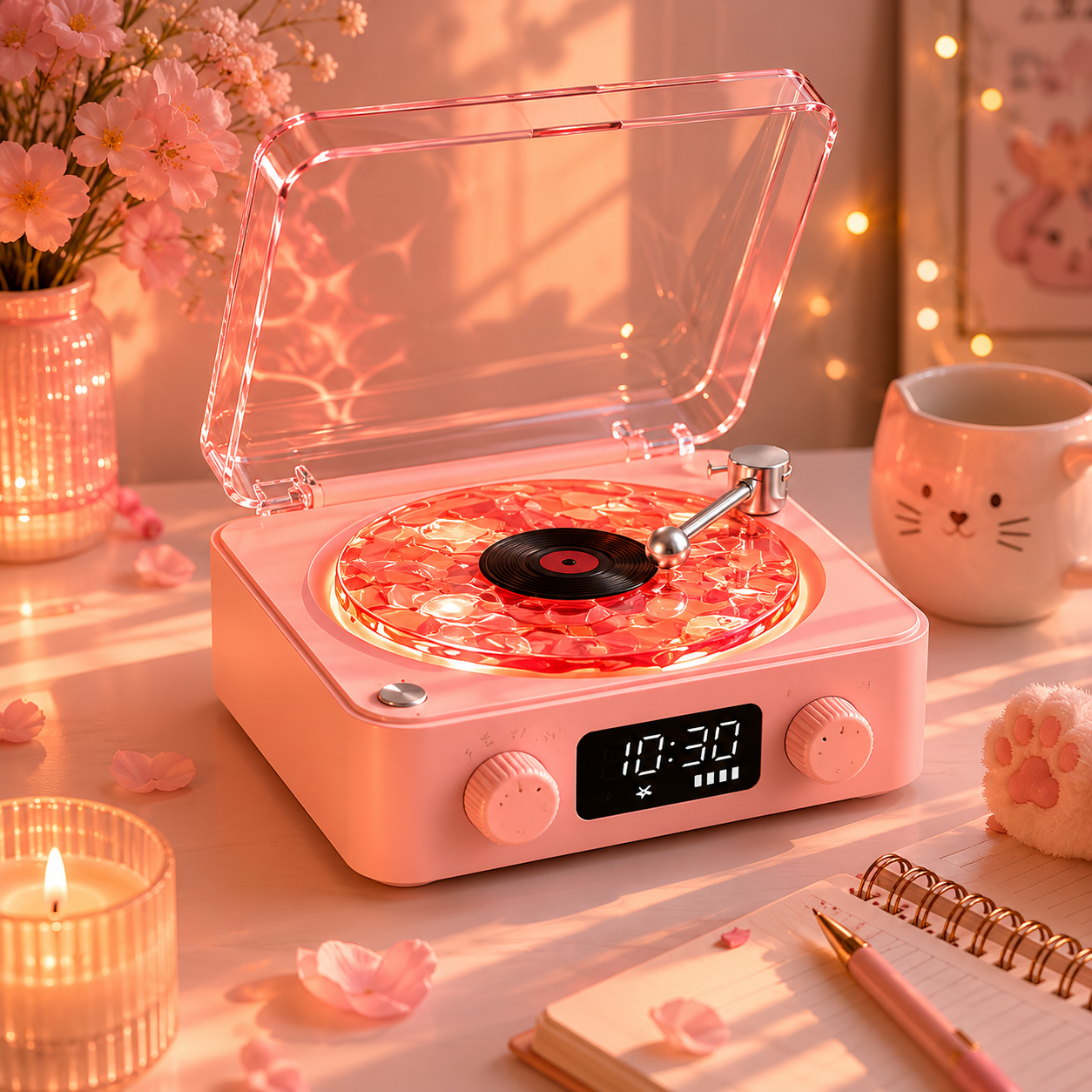 AVELUNE™ Retro Vinyl Bluetooth Speaker with Ambient Light &amp; White Noise; sunset pink