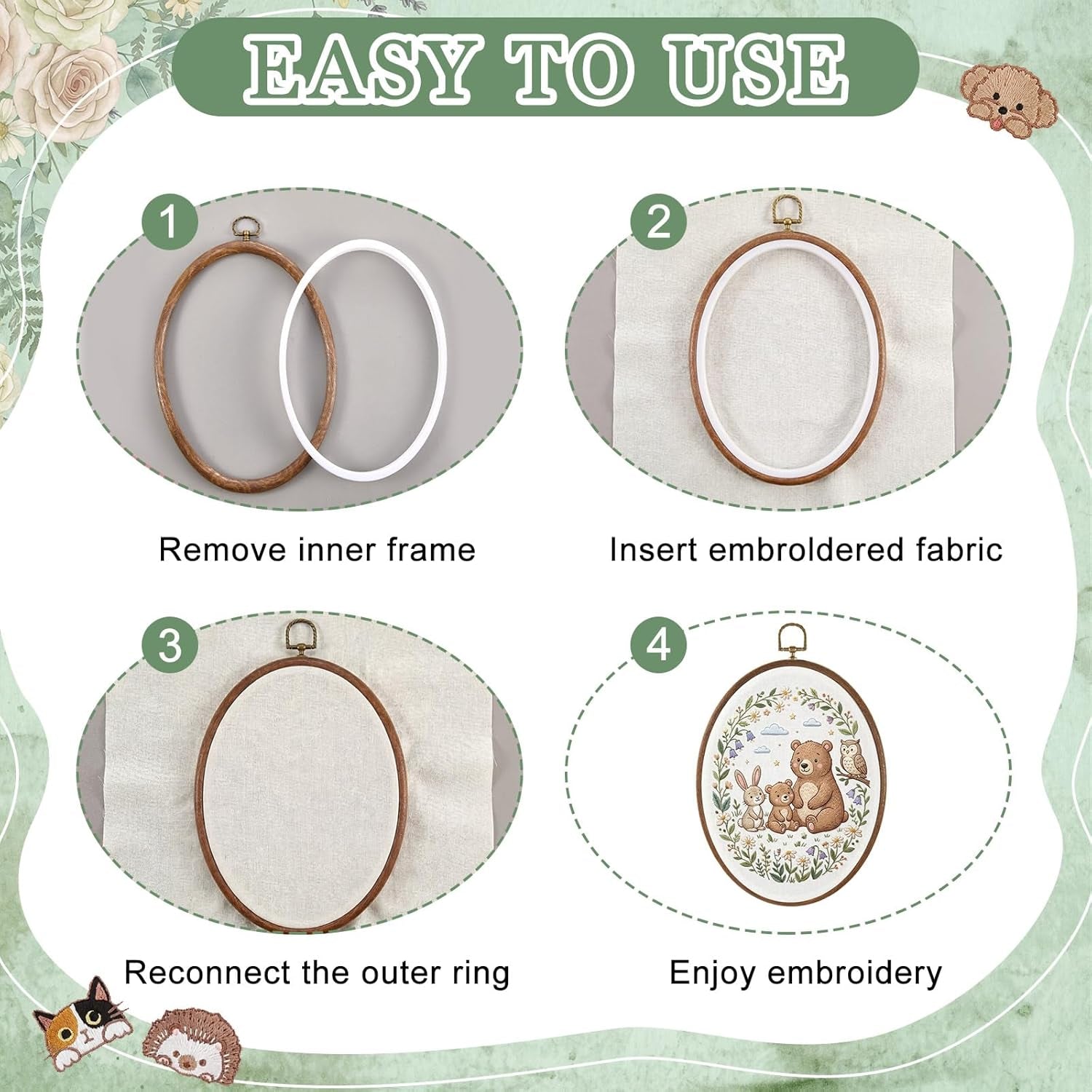 6 Set Embroidery Kit with 9.3 X 6.8 Inch Oval Embroidery Hoop Frame and 11.8 Inch Pre-Cut Cloth Fabric Squares Imitated Wood Cross Stitch Hoop for Craft Sewing Hanging Ornament