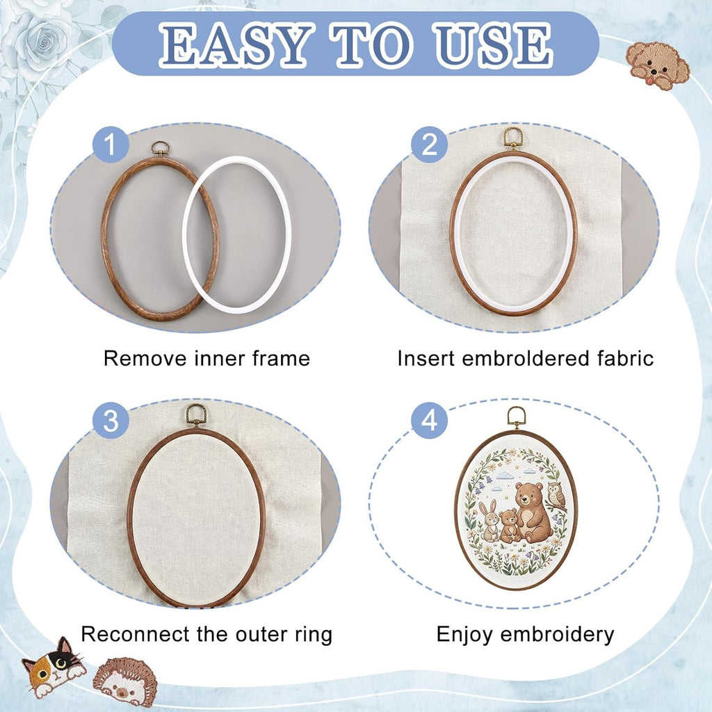 6 Set Embroidery Kit with 9.3 X 6.8 Inch Oval Embroidery Hoop Frame and 11.8 Inch Pre-Cut Cloth Fabric Squares Imitated Wood Cross Stitch Hoop for Craft Sewing Hanging Ornament
