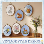 6 Set Embroidery Kit with 9.3 X 6.8 Inch Oval Embroidery Hoop Frame and 11.8 Inch Pre-Cut Cloth Fabric Squares Imitated Wood Cross Stitch Hoop for Craft Sewing Hanging Ornament