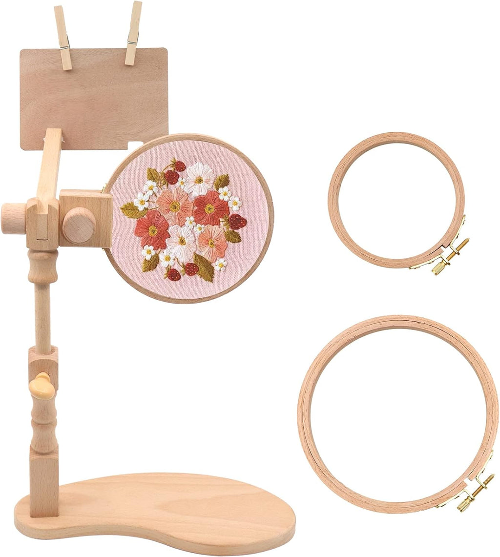 Beech Wood Adjustable Rotated Embroidery Hoop Stand with 2 Pcs Hoops 4'' 6'', Wooden Embroidery Stand Hands-Free Cross Stitch Hoop Holder for Sewing Needlework Embroidery Project (A)