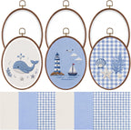 6 Set Embroidery Kit with 9.3 X 6.8 Inch Oval Embroidery Hoop Frame and 11.8 Inch Pre-Cut Cloth Fabric Squares Imitated Wood Cross Stitch Hoop for Craft Sewing Hanging Ornament