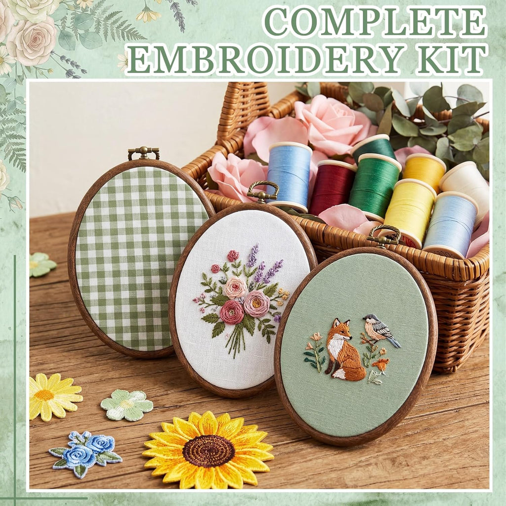 6 Set Embroidery Kit with 9.3 X 6.8 Inch Oval Embroidery Hoop Frame and 11.8 Inch Pre-Cut Cloth Fabric Squares Imitated Wood Cross Stitch Hoop for Craft Sewing Hanging Ornament