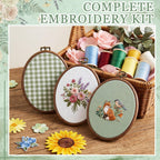 6 Set Embroidery Kit with 9.3 X 6.8 Inch Oval Embroidery Hoop Frame and 11.8 Inch Pre-Cut Cloth Fabric Squares Imitated Wood Cross Stitch Hoop for Craft Sewing Hanging Ornament
