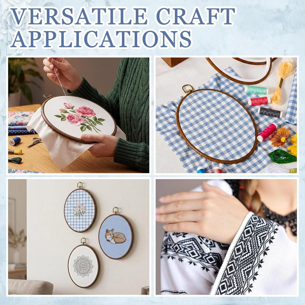 6 Set Embroidery Kit with 9.3 X 6.8 Inch Oval Embroidery Hoop Frame and 11.8 Inch Pre-Cut Cloth Fabric Squares Imitated Wood Cross Stitch Hoop for Craft Sewing Hanging Ornament