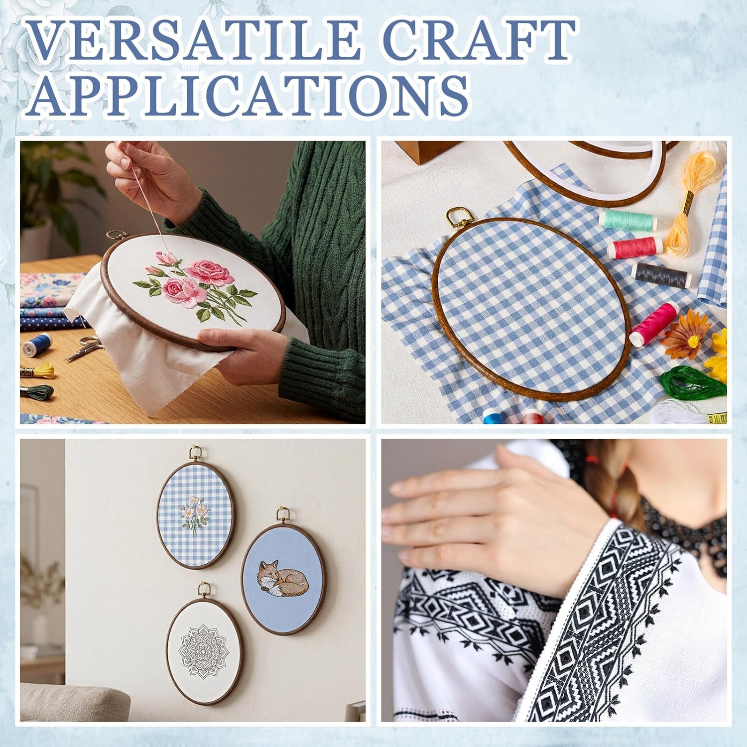 6 Set Embroidery Kit with 9.3 X 6.8 Inch Oval Embroidery Hoop Frame and 11.8 Inch Pre-Cut Cloth Fabric Squares Imitated Wood Cross Stitch Hoop for Craft Sewing Hanging Ornament