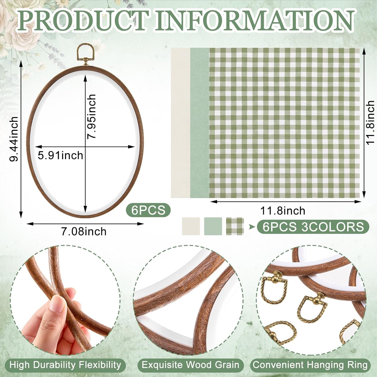 6 Set Embroidery Kit with 9.3 X 6.8 Inch Oval Embroidery Hoop Frame and 11.8 Inch Pre-Cut Cloth Fabric Squares Imitated Wood Cross Stitch Hoop for Craft Sewing Hanging Ornament