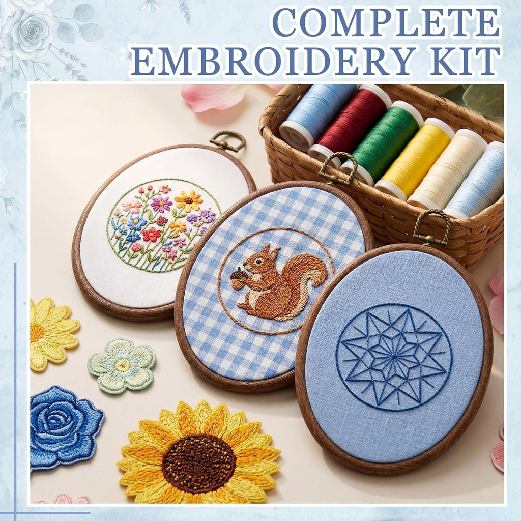 6 Set Embroidery Kit with 9.3 X 6.8 Inch Oval Embroidery Hoop Frame and 11.8 Inch Pre-Cut Cloth Fabric Squares Imitated Wood Cross Stitch Hoop for Craft Sewing Hanging Ornament