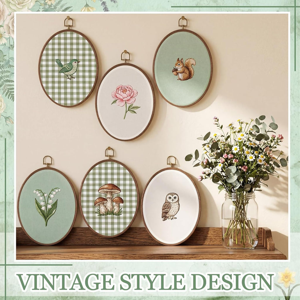 6 Set Embroidery Kit with 9.3 X 6.8 Inch Oval Embroidery Hoop Frame and 11.8 Inch Pre-Cut Cloth Fabric Squares Imitated Wood Cross Stitch Hoop for Craft Sewing Hanging Ornament